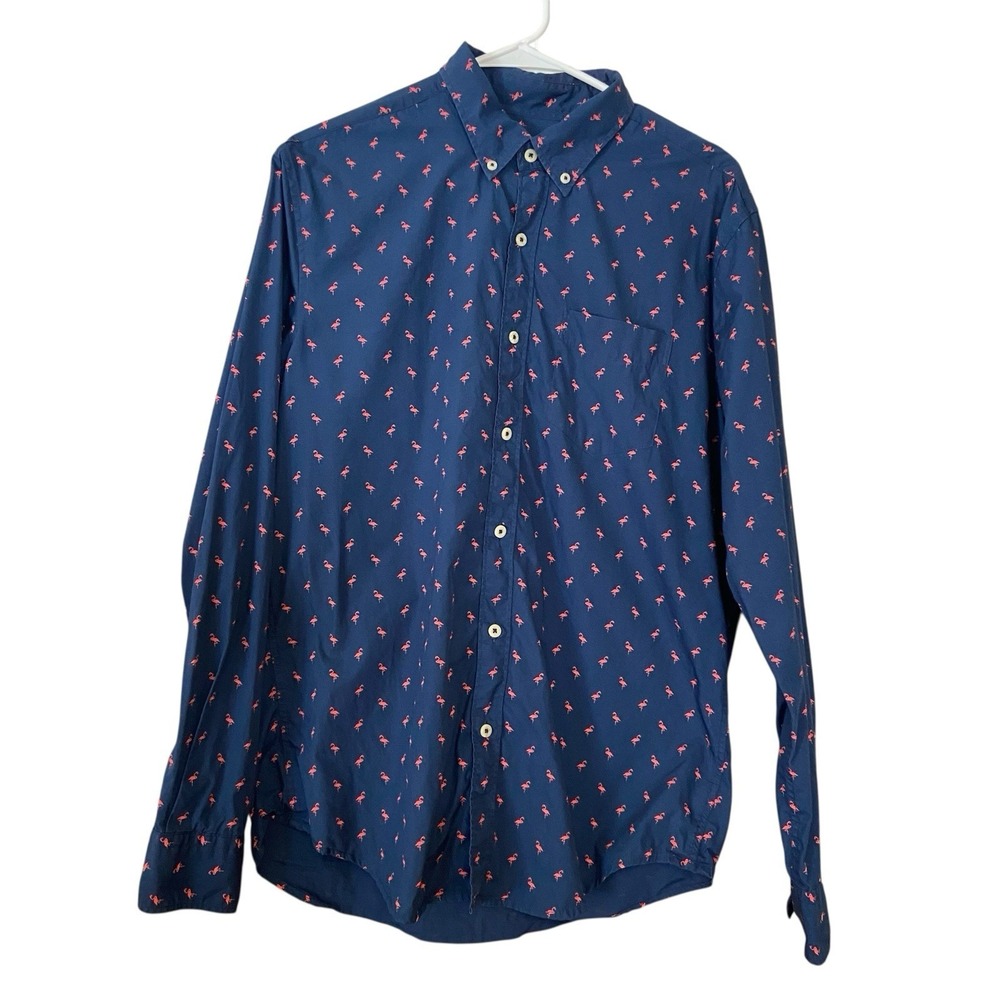 Men's American Eagle Long Sleeve Button Up Shirt Blue With Pink Flamingos Size M